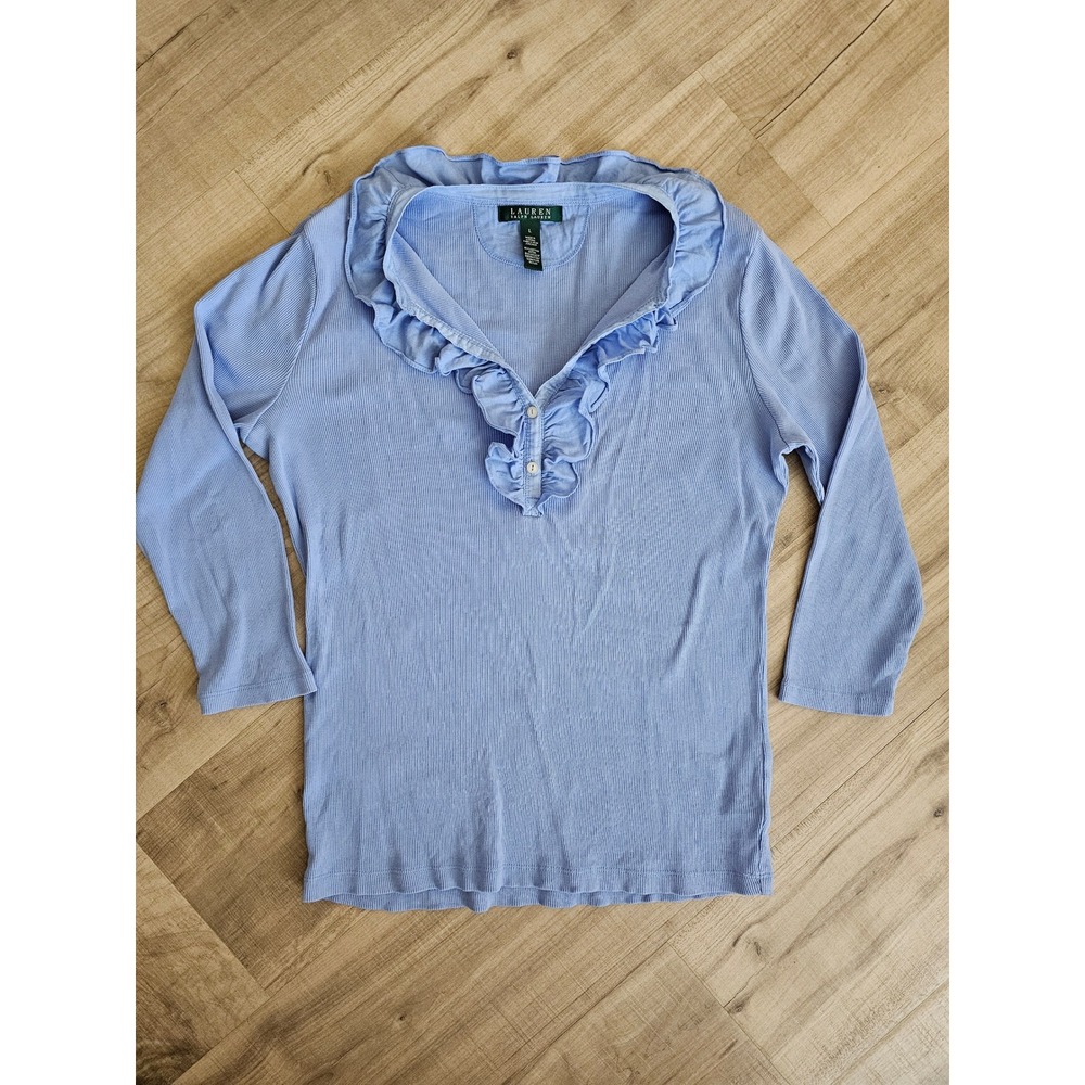 Lauren Ralph Lauren Womens Large Blue Ribbed Ruffle Henley 3/4 Sleeve Cotton Top